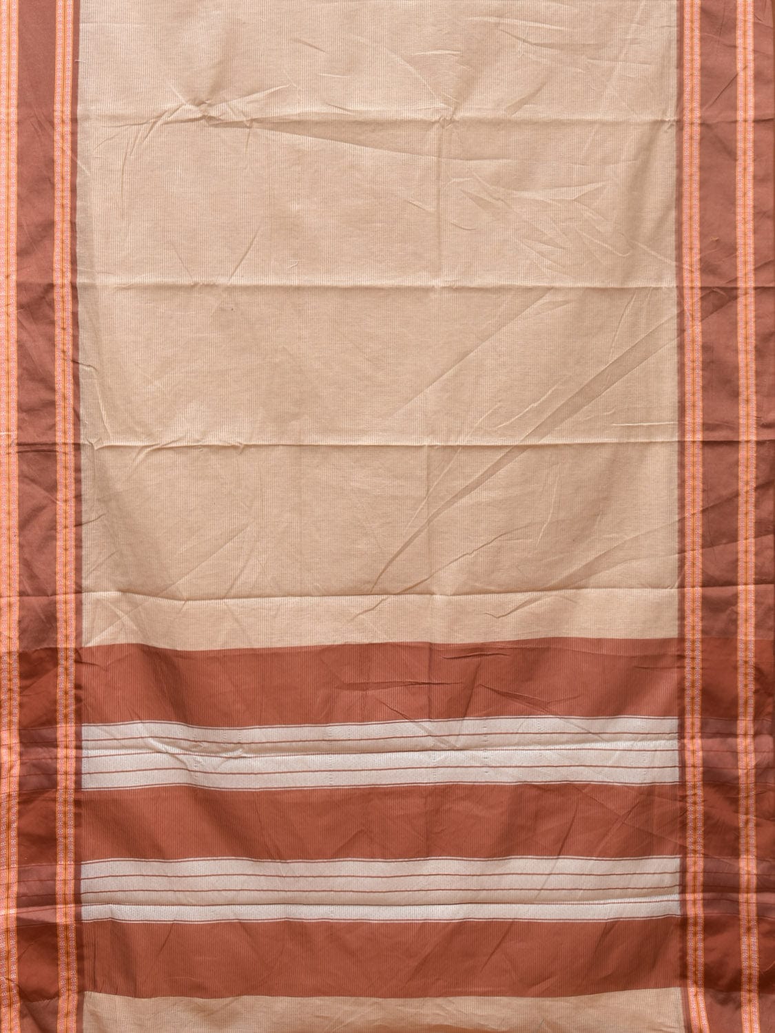 Cream and Fawn Bamboo Cotton Saree with Strips Design No Blouse - Global Threads | Swadesiicart