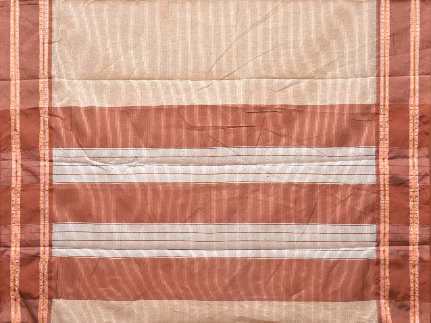 Cream and Fawn Bamboo Cotton Saree with Strips Design No Blouse - Global Threads | Swadesiicart