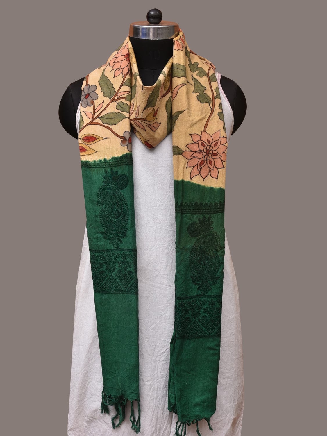 Cream and Green Kalamkari Hand Painted Cotton Silk Handloom Dupatta with Floral and Embroidery Design - Global Threads | Swadesiicart