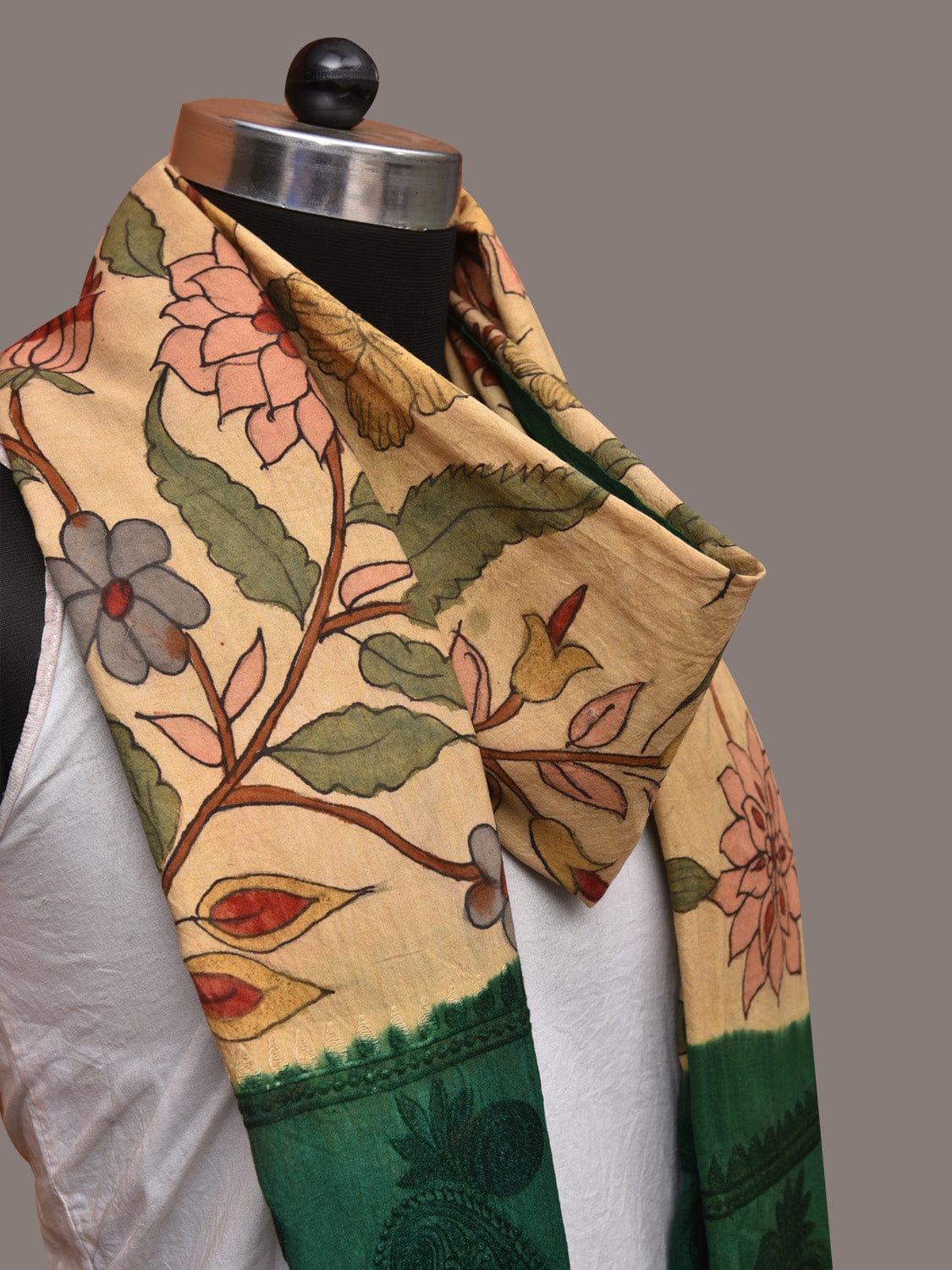Cream and Green Kalamkari Hand Painted Cotton Silk Handloom Dupatta with Floral and Embroidery Design - Global Threads | Swadesiicart