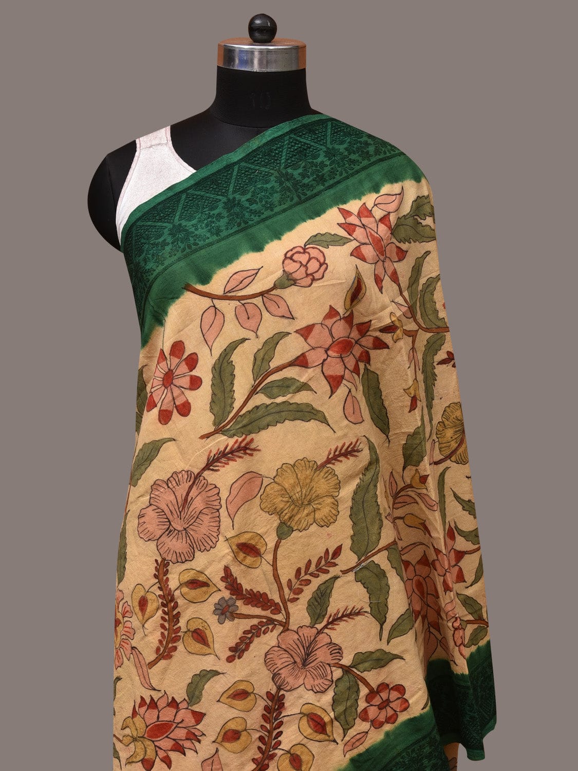 Cream and Green Kalamkari Hand Painted Cotton Silk Handloom Dupatta with Floral and Embroidery Design - Global Threads | Swadesiicart
