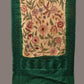 Cream and Green Kalamkari Hand Painted Cotton Silk Handloom Dupatta with Floral and Embroidery Design - Global Threads | Swadesiicart