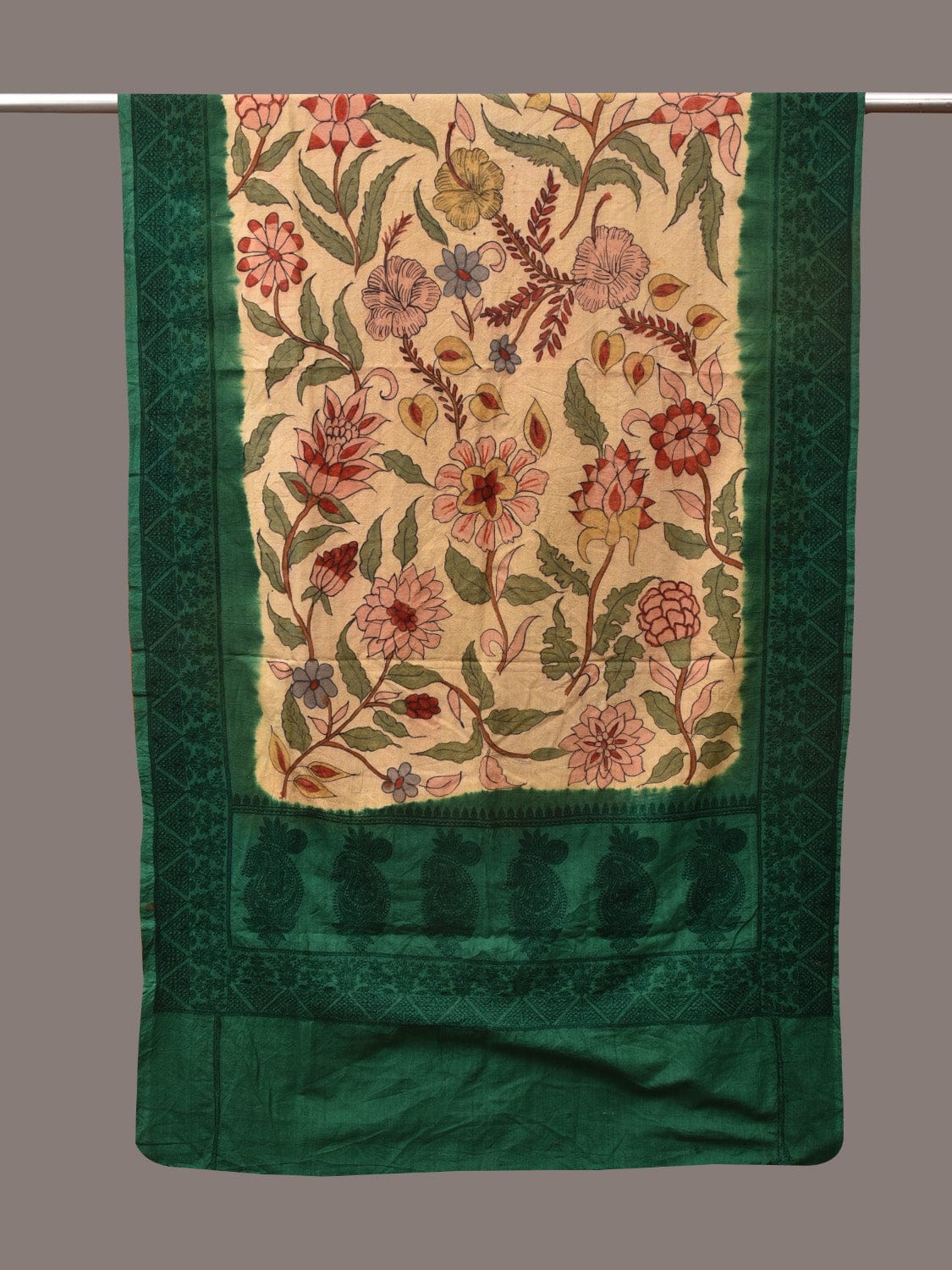 Cream and Green Kalamkari Hand Painted Cotton Silk Handloom Dupatta with Floral and Embroidery Design - Global Threads | Swadesiicart