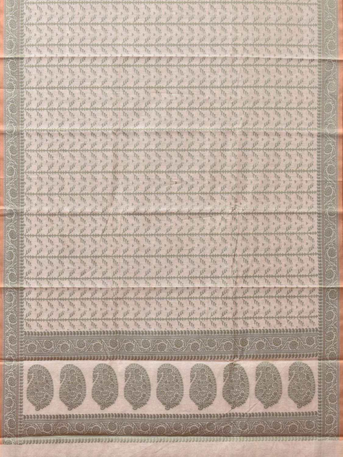 Cream and Light Green Cut Work Sico Cotton Saree with All Over and Border Design - Global Threads | Swadesiicart