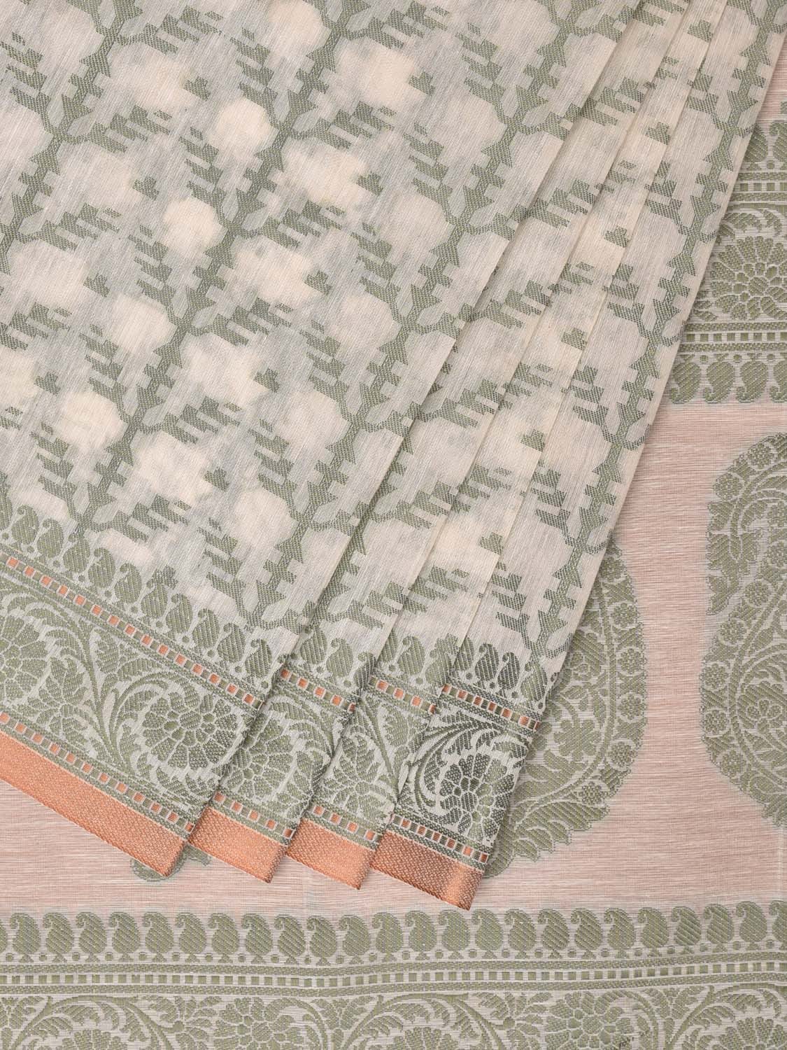 Cream and Light Green Cut Work Sico Cotton Saree with All Over and Border Design - Global Threads | Swadesiicart