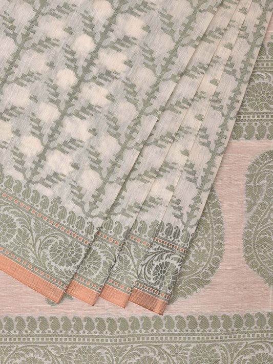Cream and Light Green Cut Work Sico Cotton Saree with All Over and Border Design - Global Threads | Swadesiicart