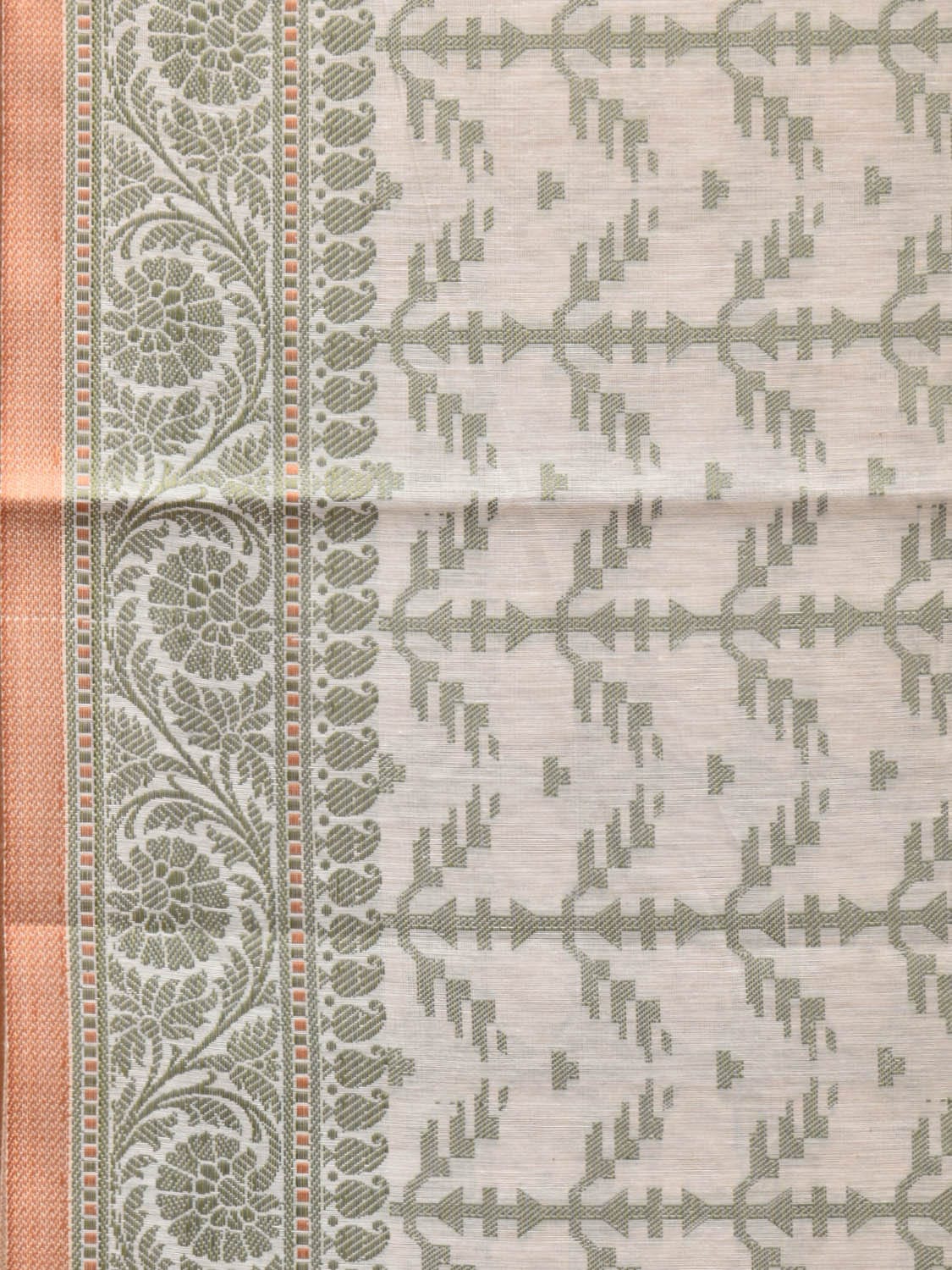 Cream and Light Green Cut Work Sico Cotton Saree with All Over and Border Design - Global Threads | Swadesiicart