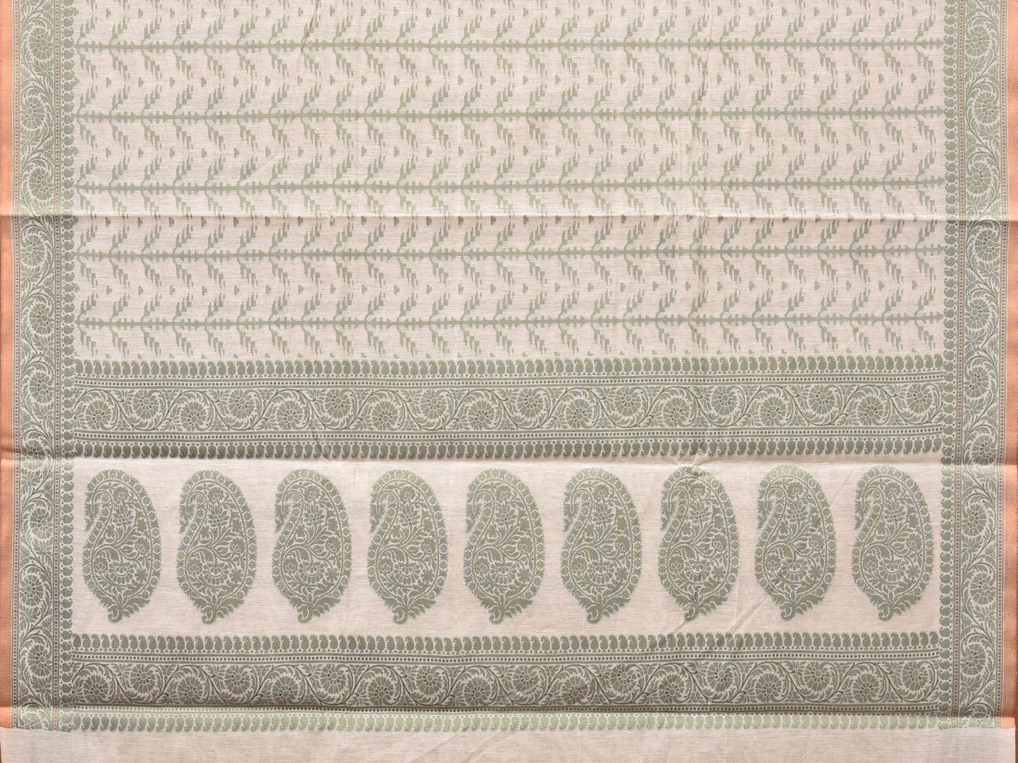 Cream and Light Green Cut Work Sico Cotton Saree with All Over and Border Design - Global Threads | Swadesiicart