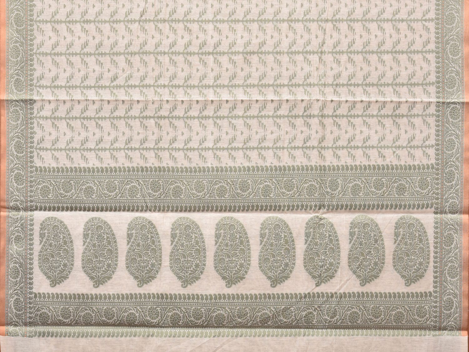 Cream and Light Green Cut Work Sico Cotton Saree with All Over and Border Design - Global Threads | Swadesiicart