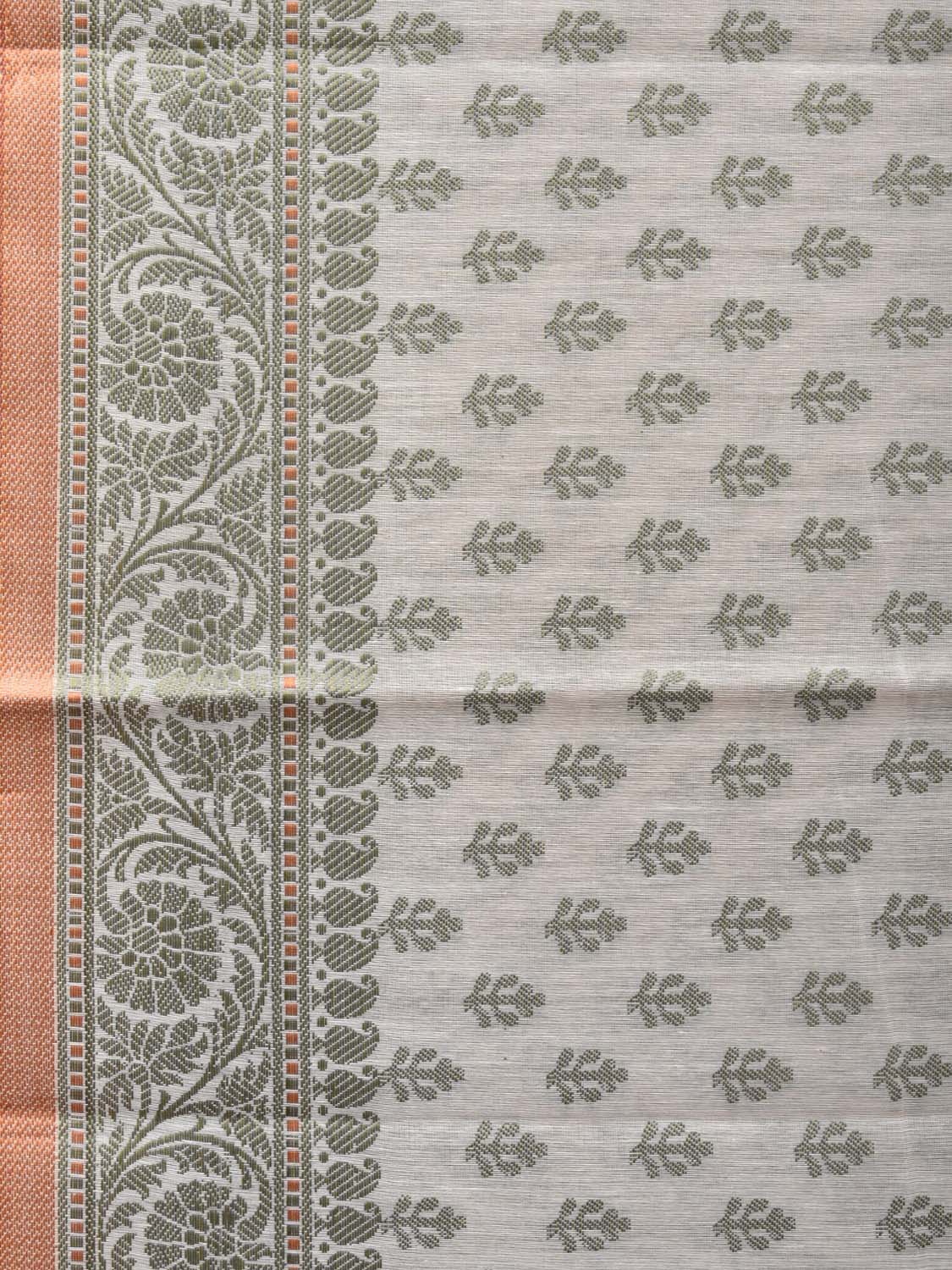 Cream and Light Green Cut Work Sico Cotton Saree with All Over and Border Design - Global Threads | Swadesiicart