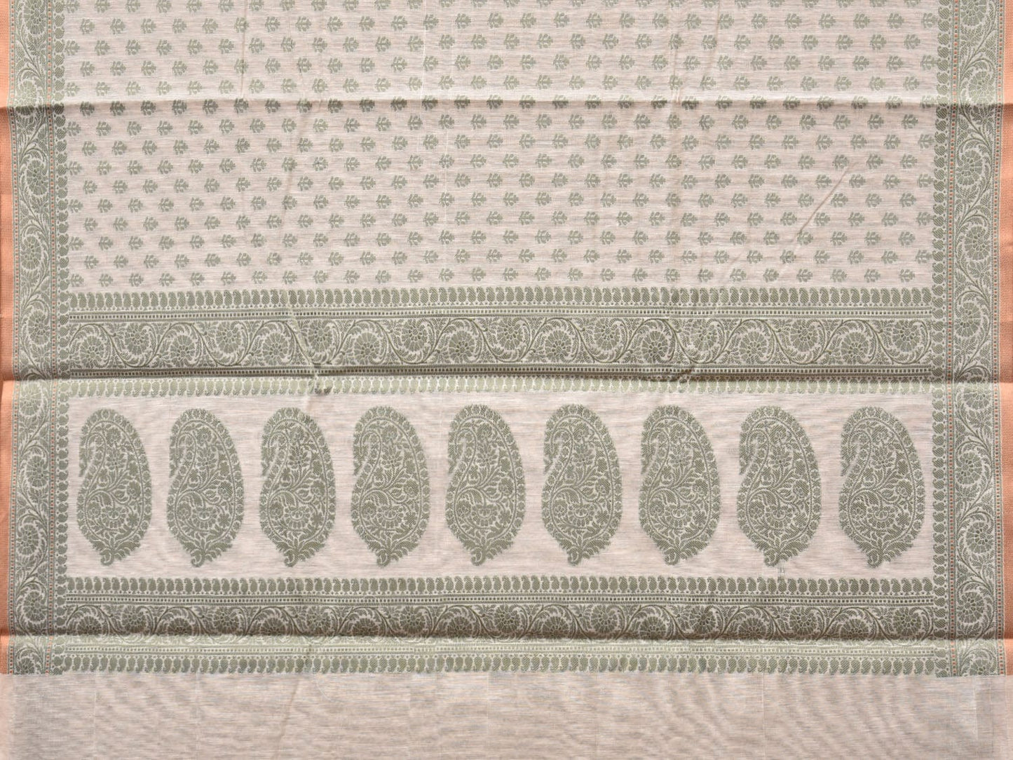 Cream and Light Green Cut Work Sico Cotton Saree with All Over and Border Design - Global Threads | Swadesiicart