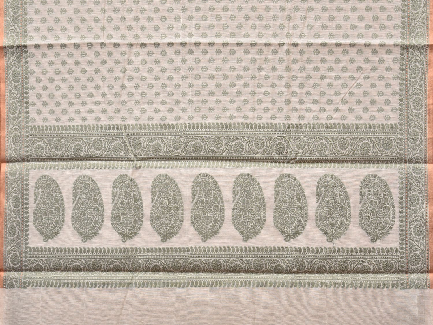 Cream and Light Green Cut Work Sico Cotton Saree with All Over and Border Design - Global Threads | Swadesiicart