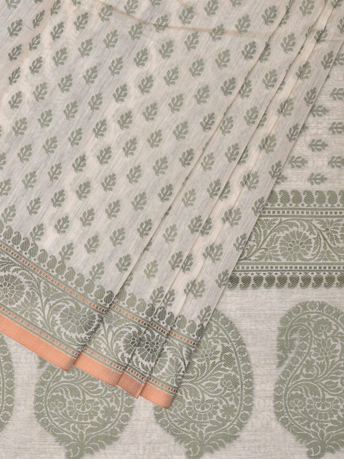 Cream and Light Green Cut Work Sico Cotton Saree with All Over and Border Design - Global Threads | Swadesiicart