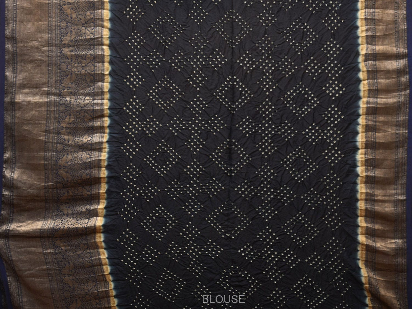 Cream and Navy Bandhani Kanchipuram Silk Handloom Saree with Kalamkari Cows Design - Global Threads | Swadesiicart