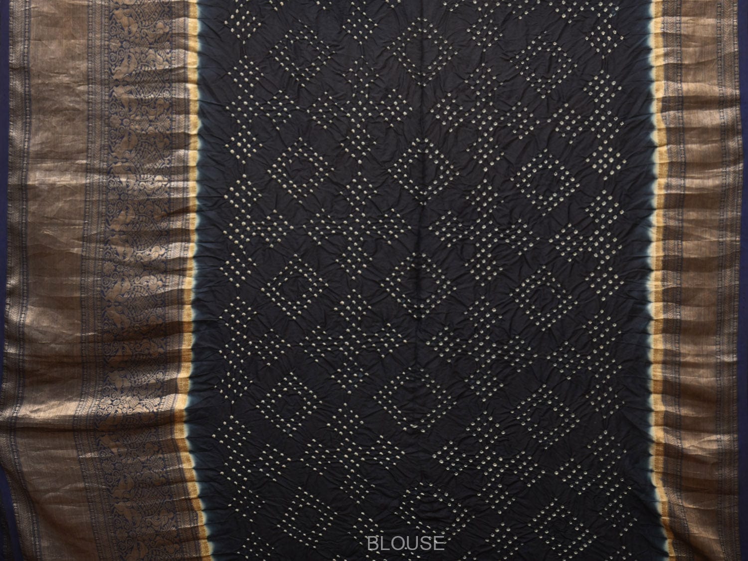 Cream and Navy Bandhani Kanchipuram Silk Handloom Saree with Kalamkari Cows Design - Global Threads | Swadesiicart