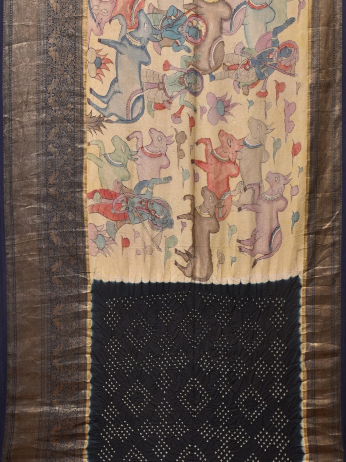 Cream and Navy Bandhani Kanchipuram Silk Handloom Saree with Kalamkari Cows Design - Global Threads | Swadesiicart