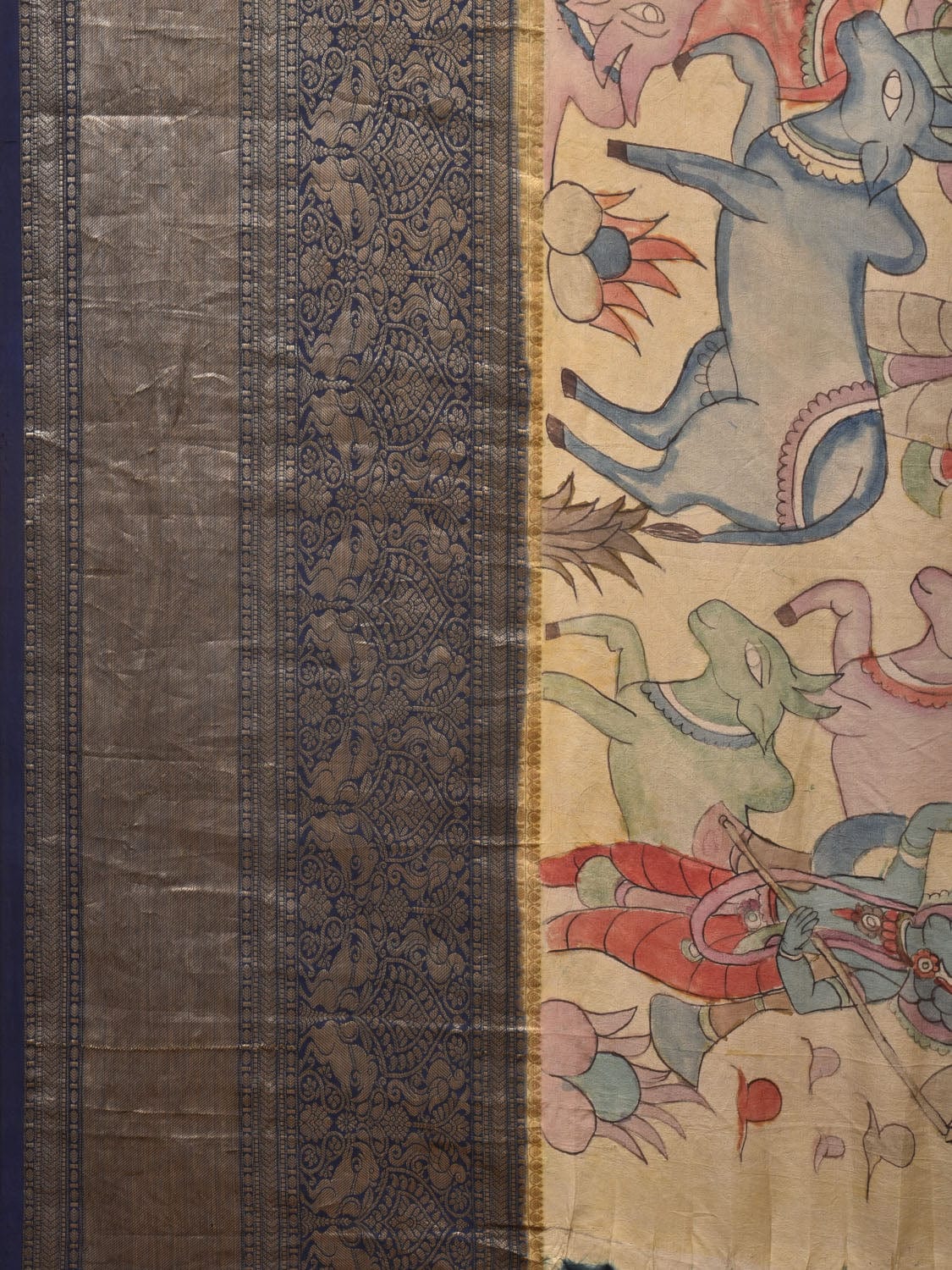 Cream and Navy Bandhani Kanchipuram Silk Handloom Saree with Kalamkari Cows Design - Global Threads | Swadesiicart