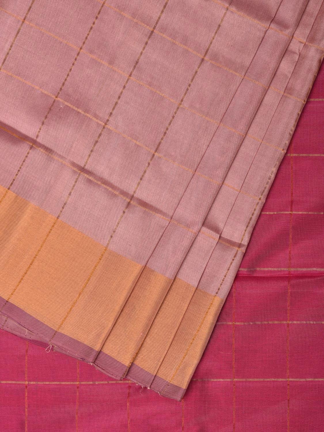 Cream and Pink Uppada Silk Handloom Saree with Checks and Contrast Pallu Design - Global Threads | Swadesiicart