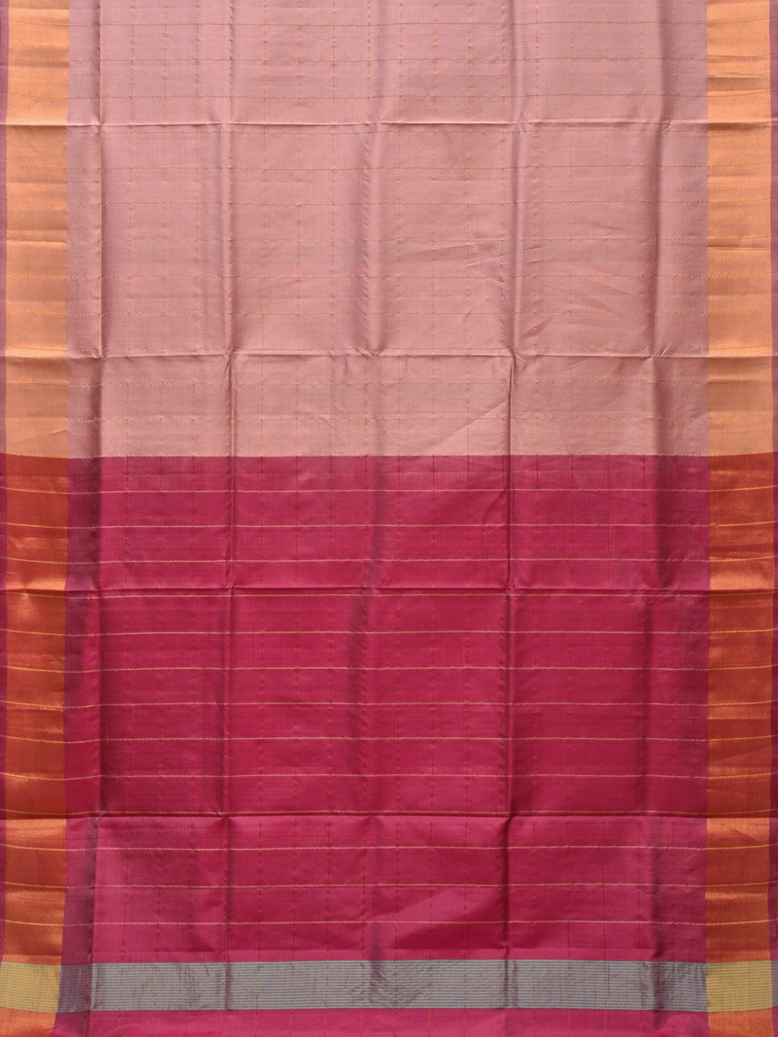 Cream and Pink Uppada Silk Handloom Saree with Checks and Contrast Pallu Design - Global Threads | Swadesiicart