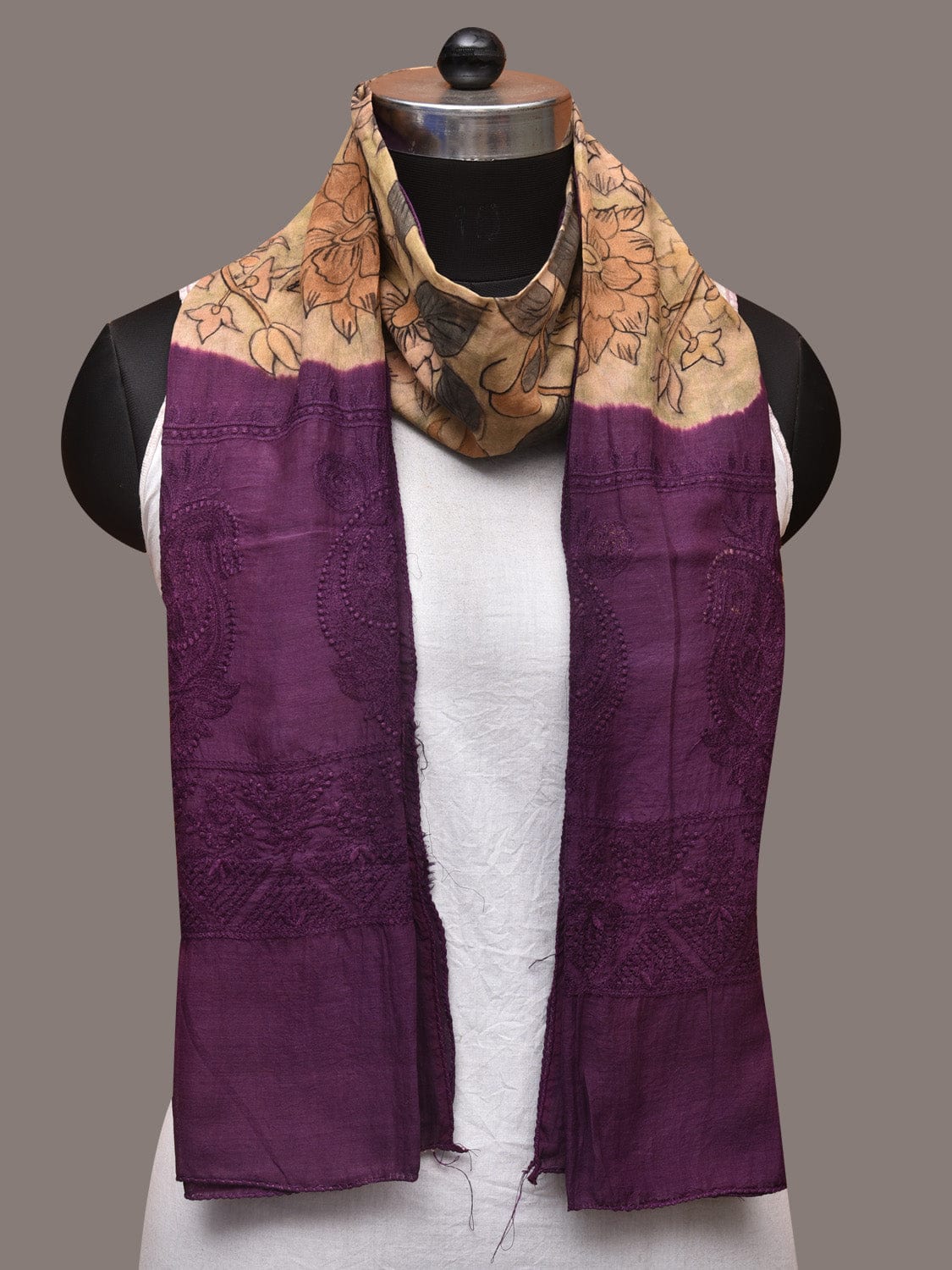 Cream and Purple Kalamkari Hand Painted Sico Stole with Floral and Embroidery Design - Global Threads | Swadesiicart