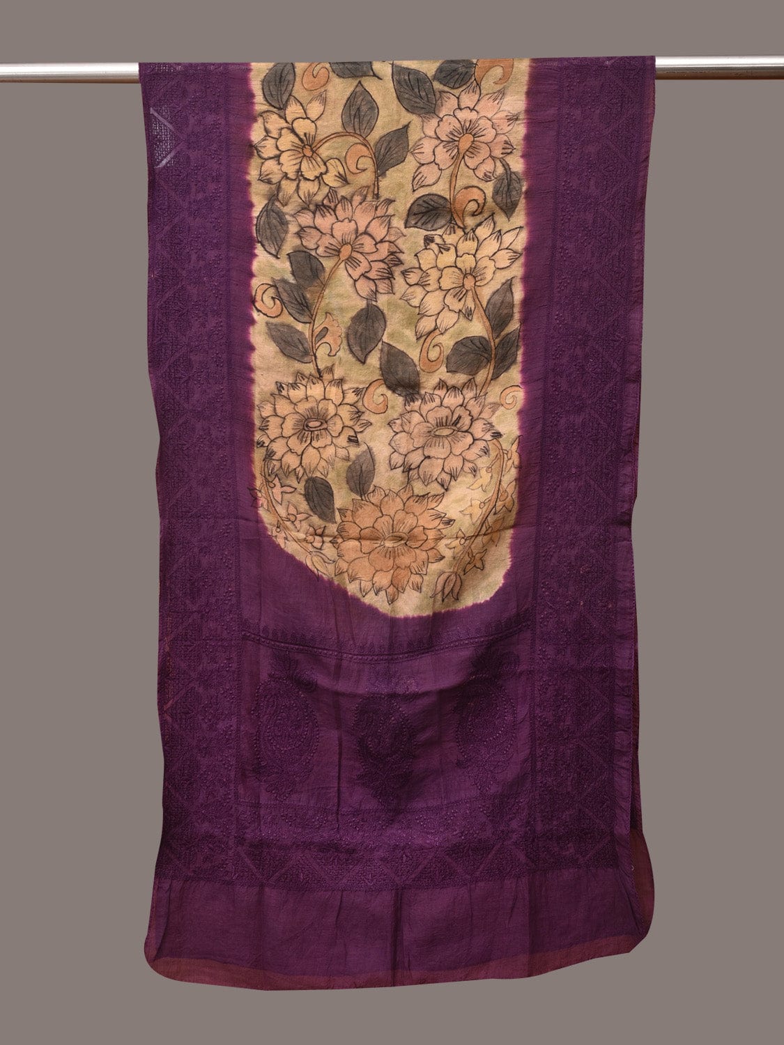 Cream and Purple Kalamkari Hand Painted Sico Stole with Floral and Embroidery Design - Global Threads | Swadesiicart