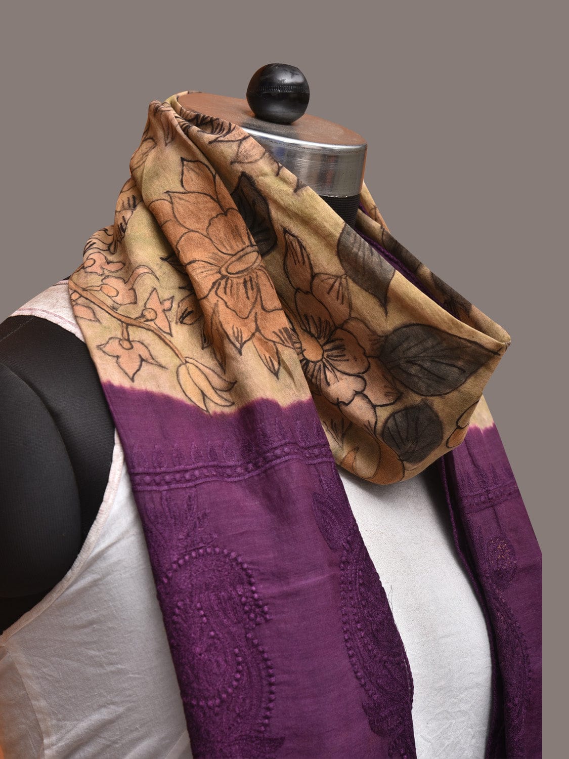 Cream and Purple Kalamkari Hand Painted Sico Stole with Floral and Embroidery Design - Global Threads | Swadesiicart
