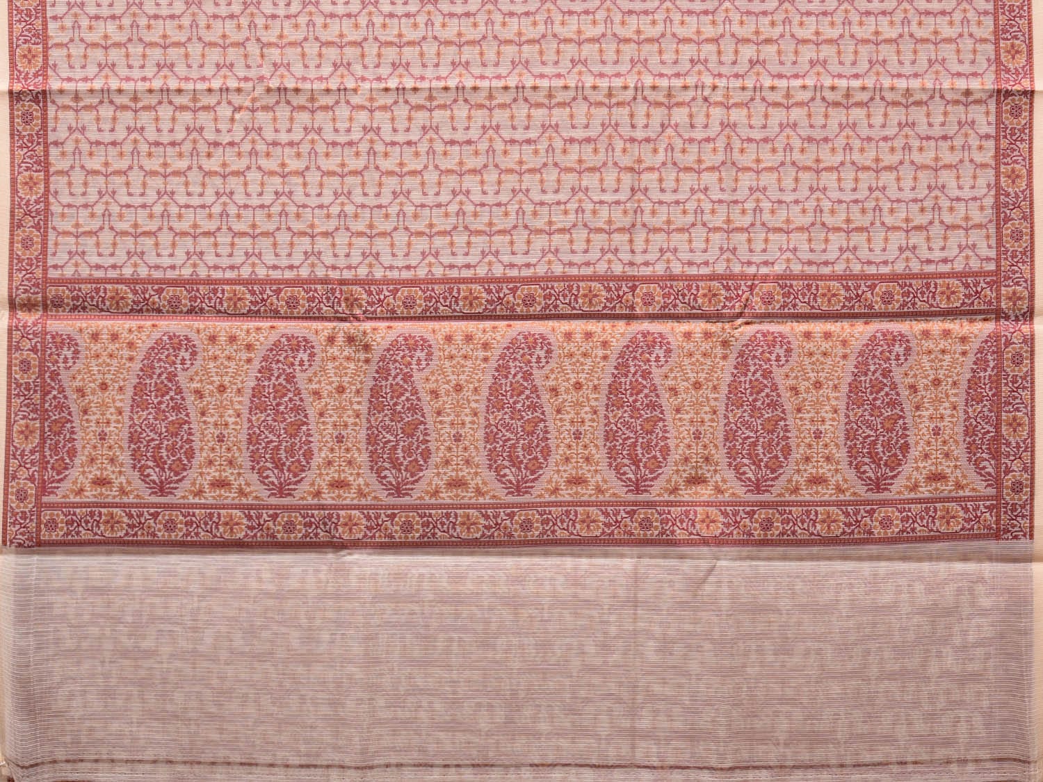 Cream and Red Cut Work Sico Cotton Saree with All Over and Border Design - Global Threads | Swadesiicart