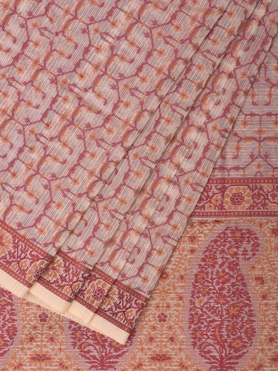 Cream and Red Cut Work Sico Cotton Saree with All Over and Border Design - Global Threads | Swadesiicart