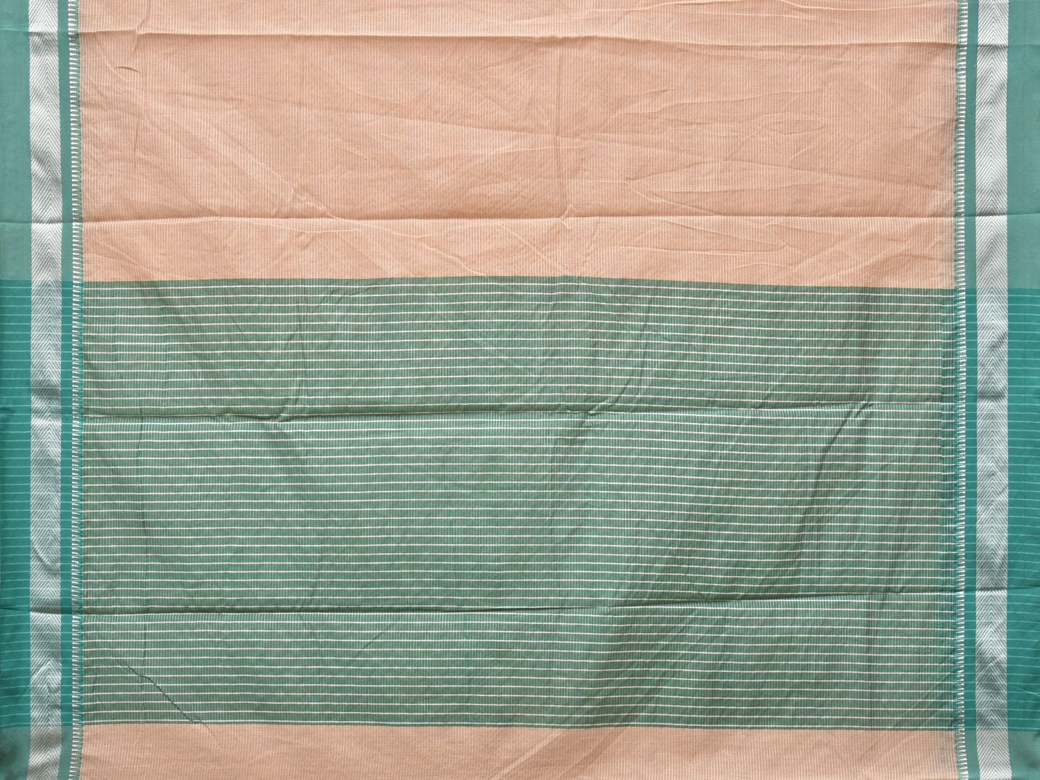 Cream and Turquoise Bamboo Cotton Saree with Strips Design No Blouse - Global Threads | Swadesiicart