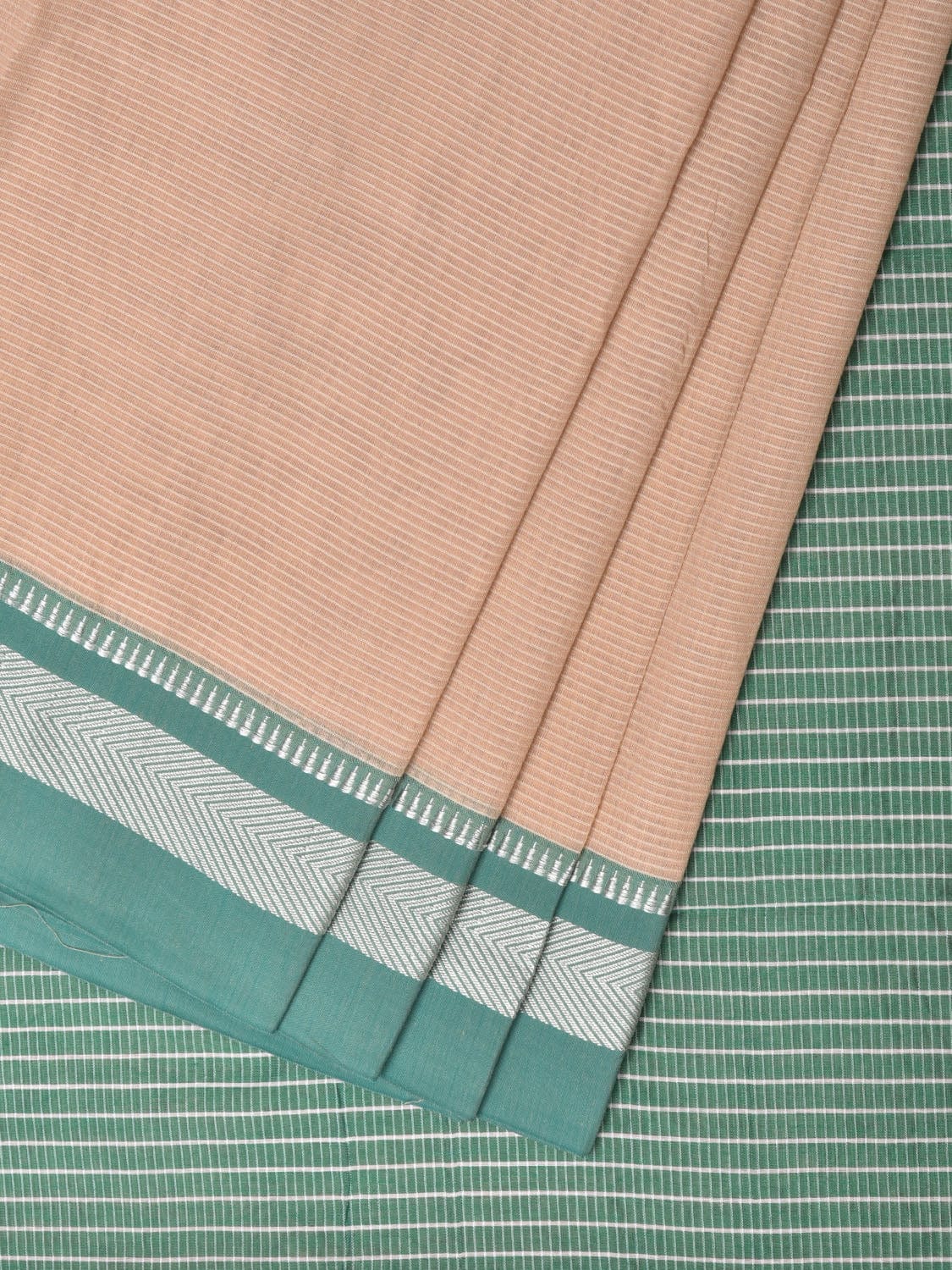 Cream and Turquoise Bamboo Cotton Saree with Strips Design No Blouse - Global Threads | Swadesiicart