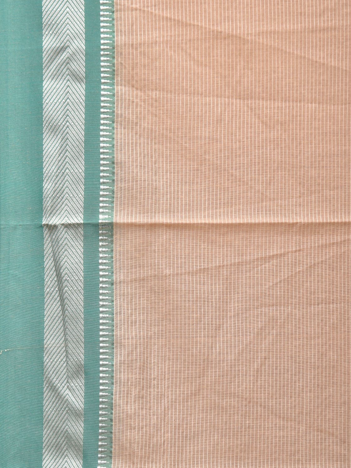 Cream and Turquoise Bamboo Cotton Saree with Strips Design No Blouse - Global Threads | Swadesiicart