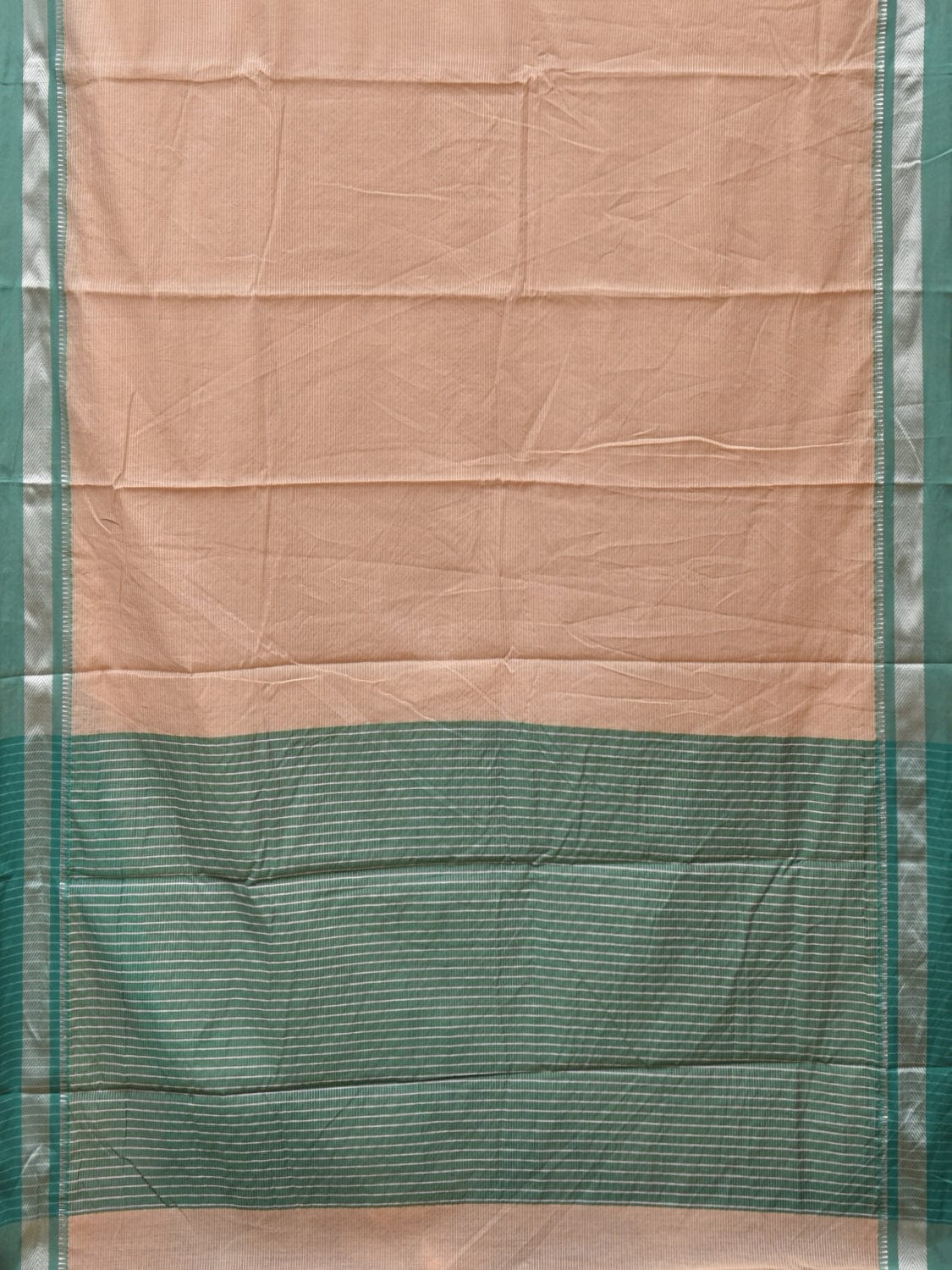 Cream and Turquoise Bamboo Cotton Saree with Strips Design No Blouse - Global Threads | Swadesiicart