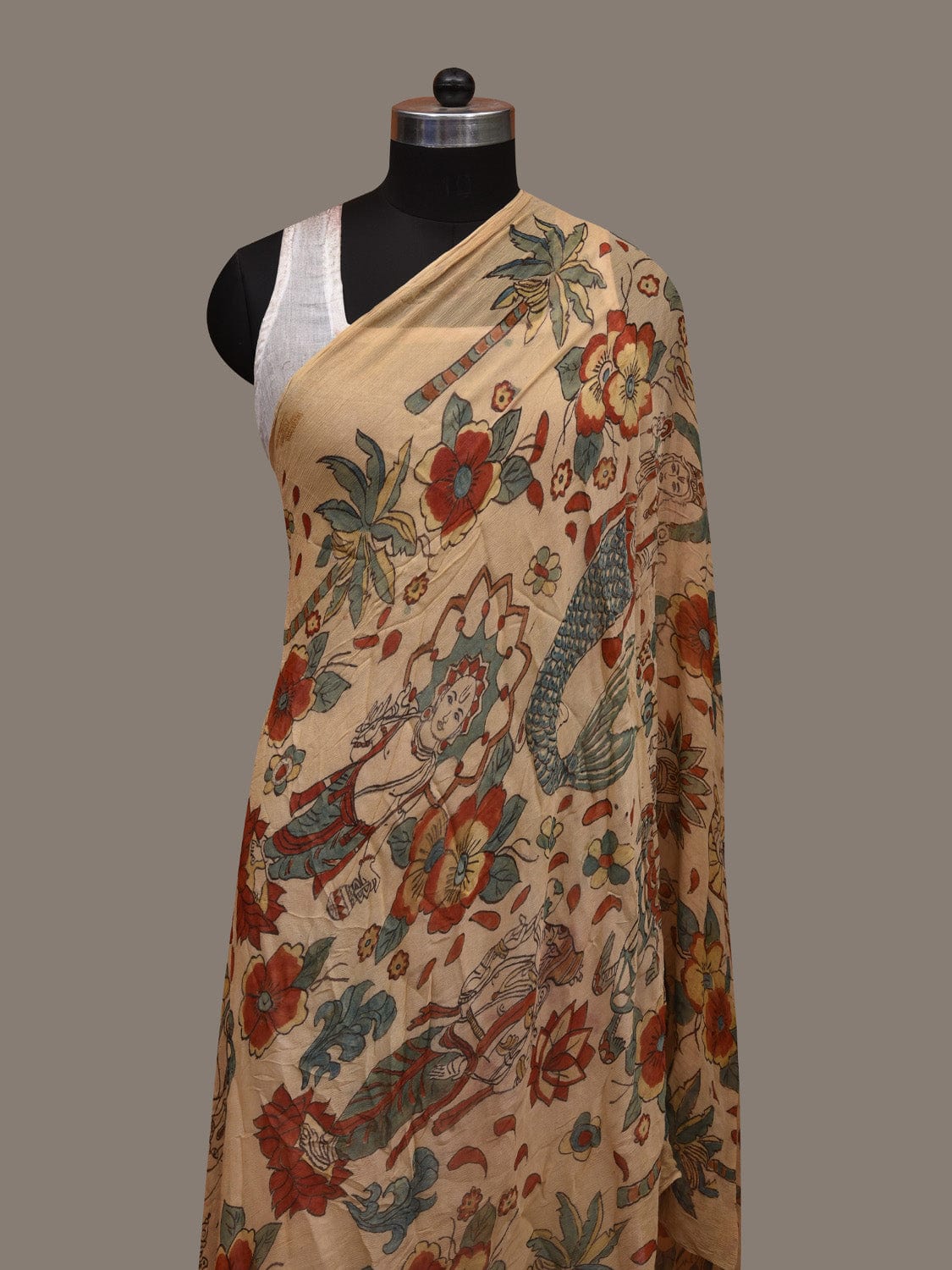 Cream Kalamkari Hand Painted Chiffon Dupatta with Dashavatar Design - Global Threads | Swadesiicart