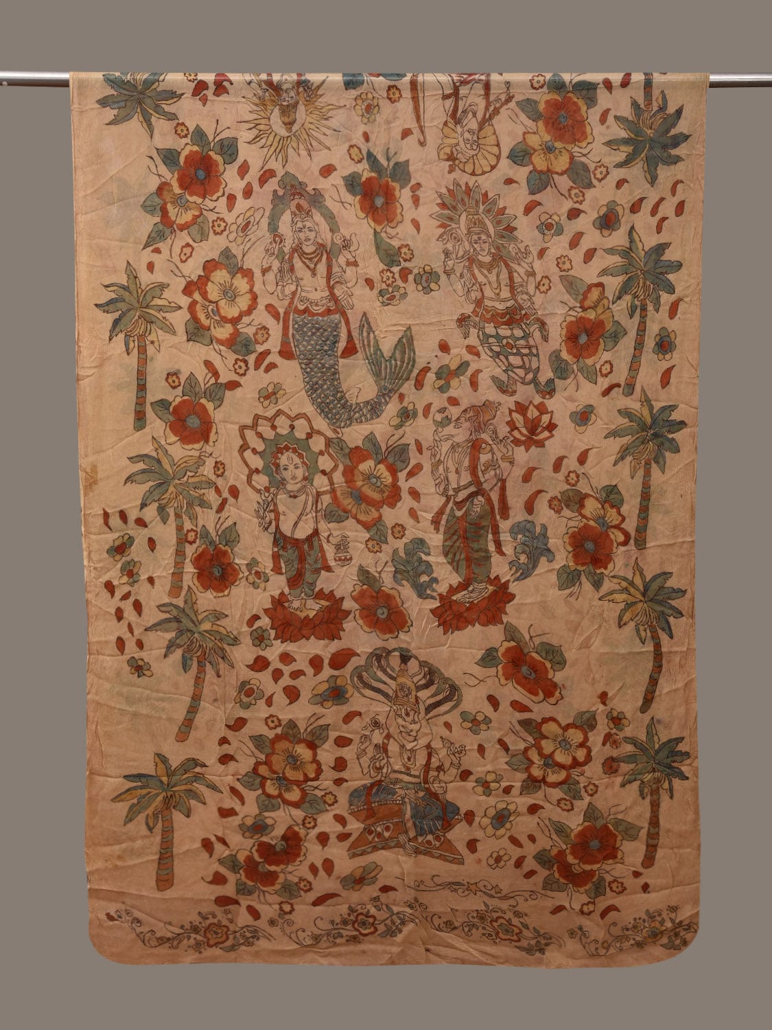 Cream Kalamkari Hand Painted Chiffon Dupatta with Dashavatar Design - Global Threads | Swadesiicart