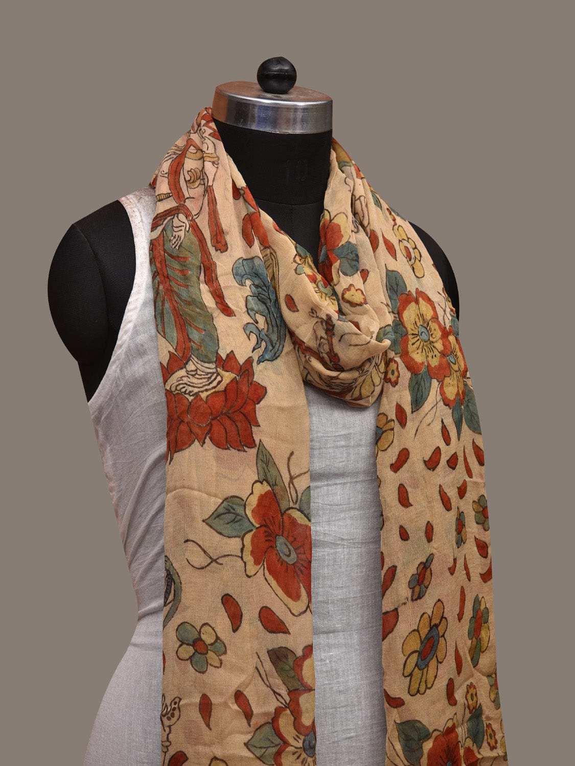 Cream Kalamkari Hand Painted Chiffon Dupatta with Dashavatar Design - Global Threads | Swadesiicart