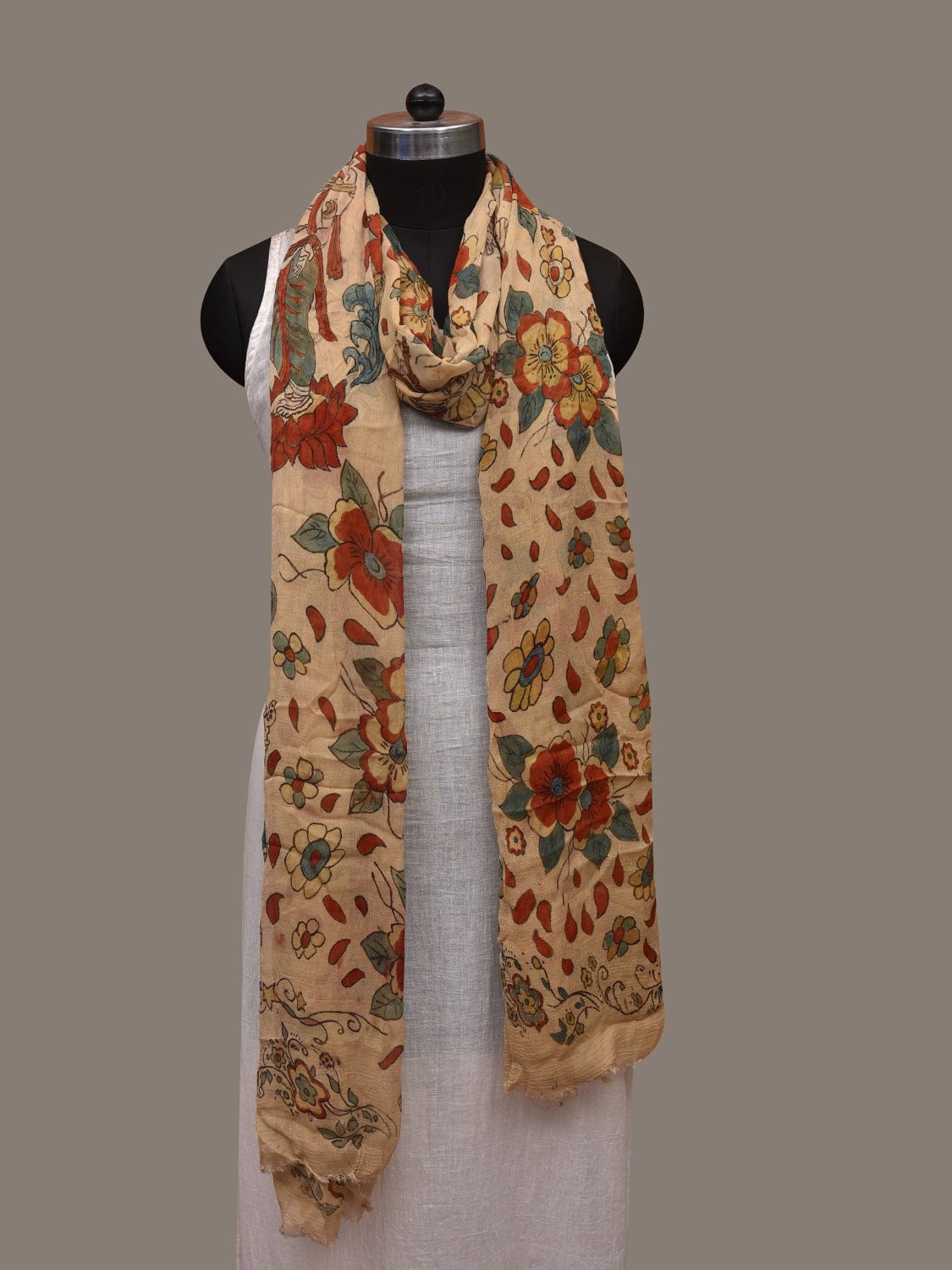 Cream Kalamkari Hand Painted Chiffon Dupatta with Dashavatar Design - Global Threads | Swadesiicart