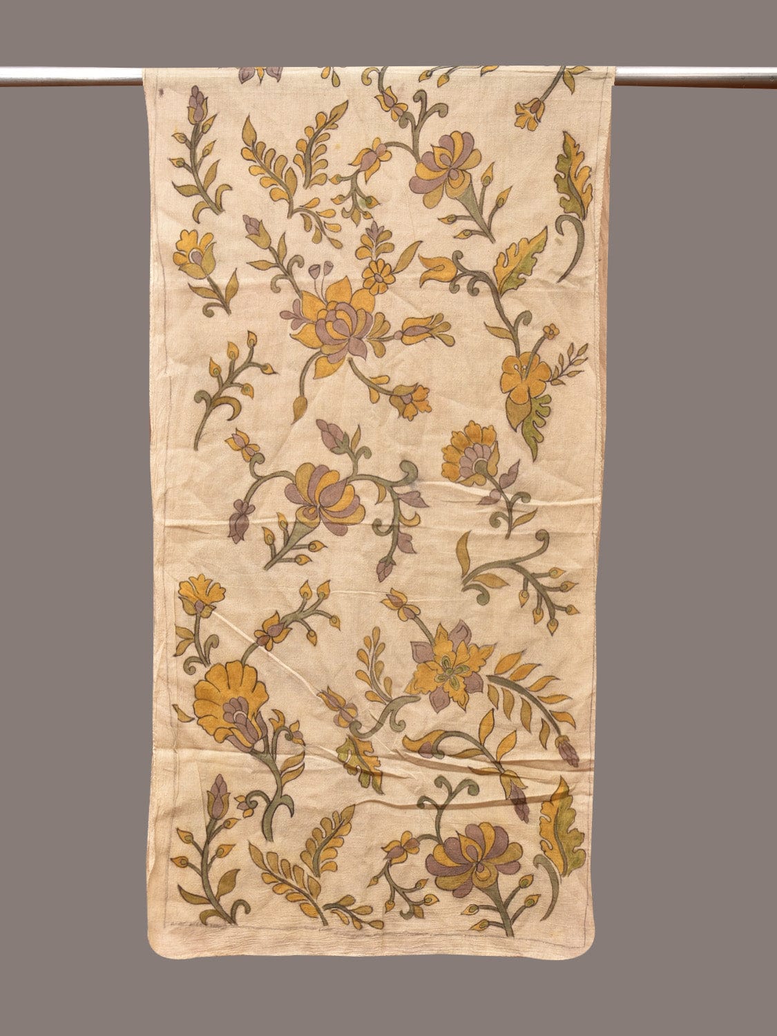 Cream Kalamkari Hand Painted Cotton Handloom Stole with Floral and Birds Design - Global Threads | Swadesiicart