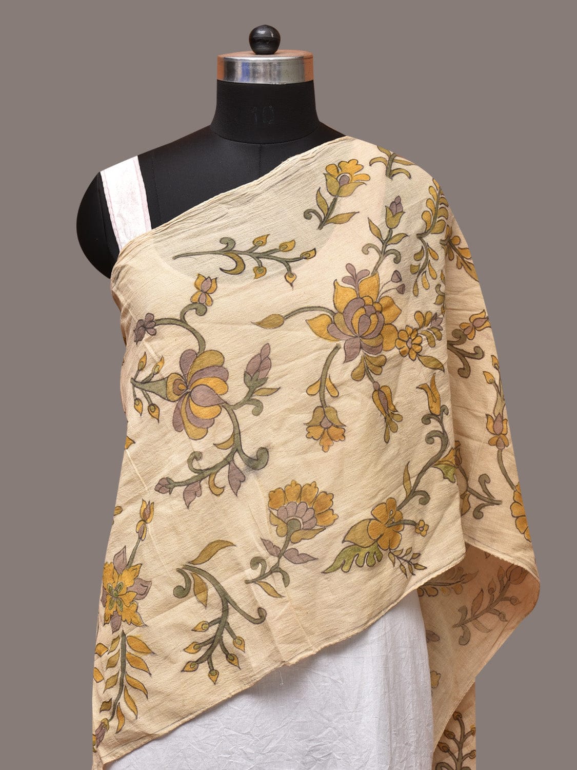 Cream Kalamkari Hand Painted Cotton Handloom Stole with Floral and Birds Design - Global Threads | Swadesiicart