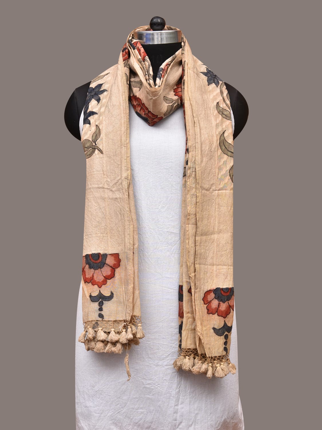 Cream Kalamkari Hand Painted Cotton Silk Dupatta with Floral Design - Global Threads | Swadesiicart