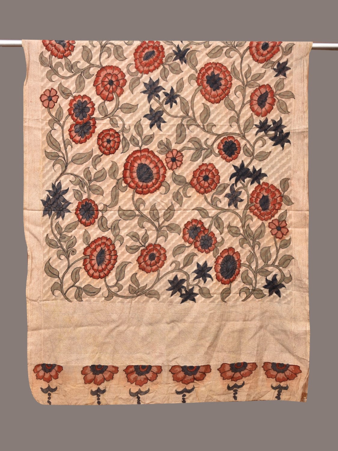 Cream Kalamkari Hand Painted Cotton Silk Dupatta with Floral Design - Global Threads | Swadesiicart