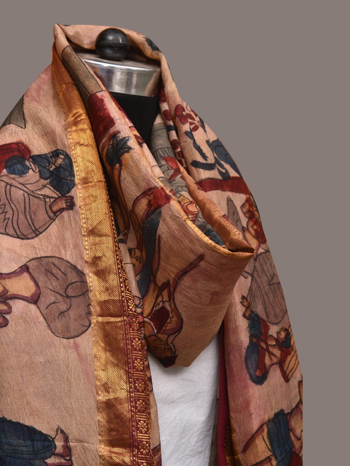 Cream Kalamkari Hand Painted Kanchipuram Silk Handloom Dupatta with Ajanta Design - Global Threads | Swadesiicart