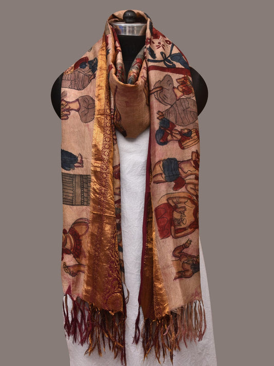 Cream Kalamkari Hand Painted Kanchipuram Silk Handloom Dupatta with Ajanta Design - Global Threads | Swadesiicart