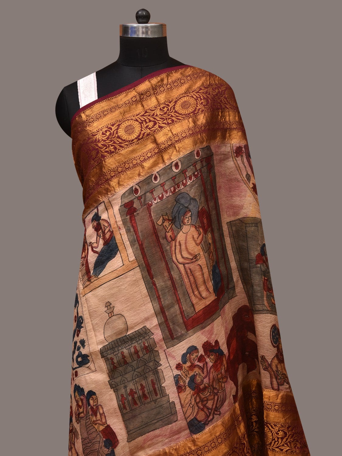 Cream Kalamkari Hand Painted Kanchipuram Silk Handloom Dupatta with Ajanta Design - Global Threads | Swadesiicart