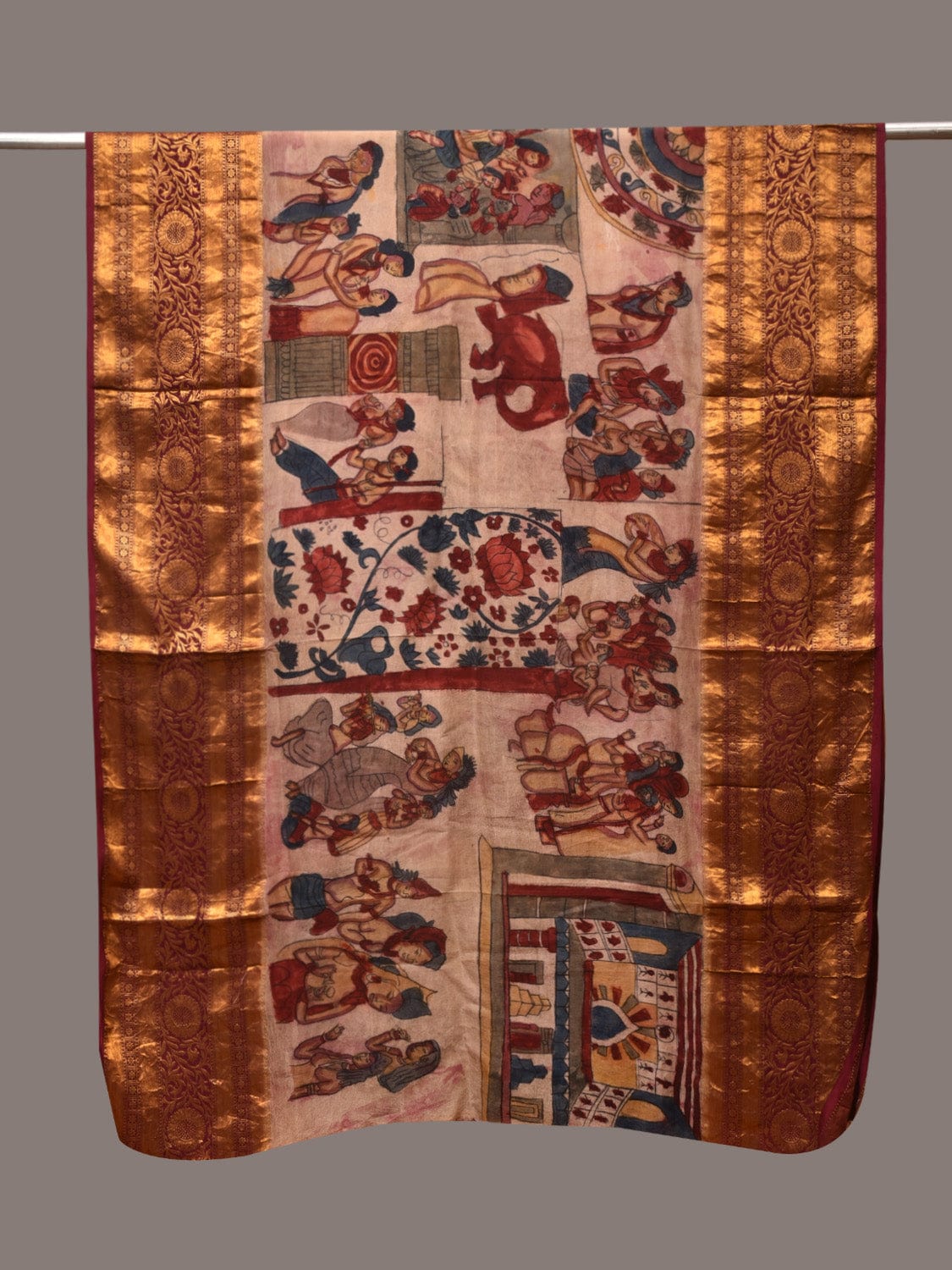 Cream Kalamkari Hand Painted Kanchipuram Silk Handloom Dupatta with Ajanta Design - Global Threads | Swadesiicart