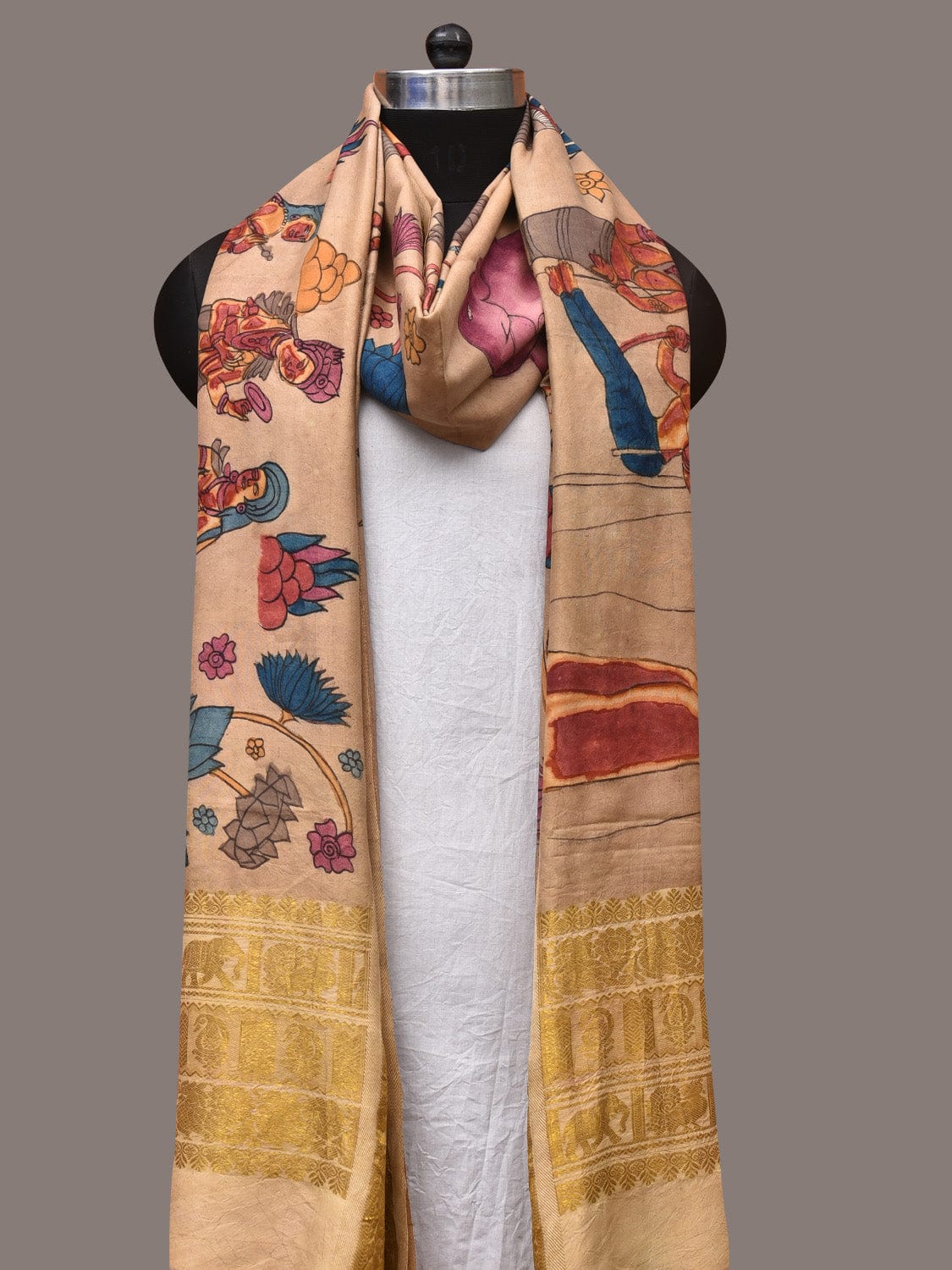 Cream Kalamkari Hand Painted Kanchipuram Silk Handloom Dupatta with Ajanta Design - Global Threads | Swadesiicart