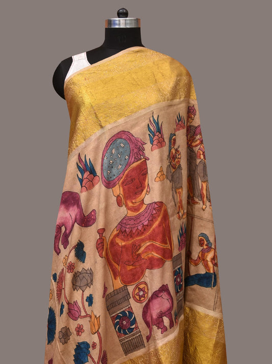 Cream Kalamkari Hand Painted Kanchipuram Silk Handloom Dupatta with Ajanta Design - Global Threads | Swadesiicart