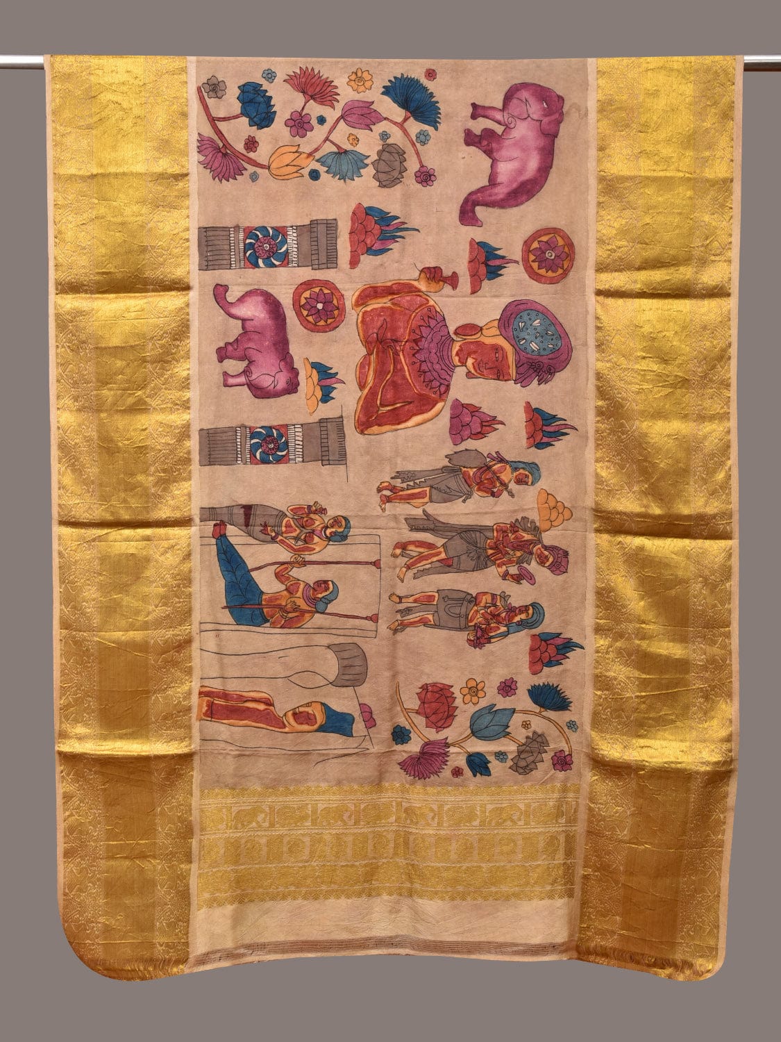 Cream Kalamkari Hand Painted Kanchipuram Silk Handloom Dupatta with Ajanta Design - Global Threads | Swadesiicart