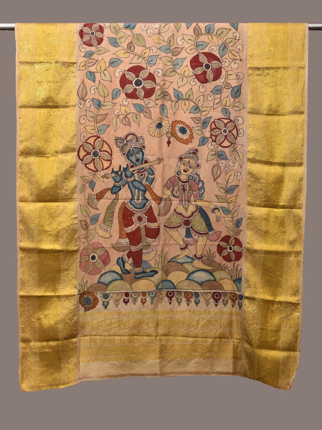 Cream Kalamkari Hand Painted Kanchipuram Silk Handloom Dupatta with Krishna and Radha Design - Global Threads | Swadesiicart
