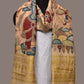 Cream Kalamkari Hand Painted Kanchipuram Silk Handloom Dupatta with Krishna and Radha Design - Global Threads | Swadesiicart