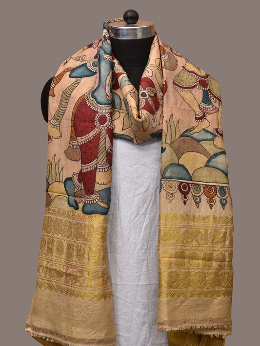 Cream Kalamkari Hand Painted Kanchipuram Silk Handloom Dupatta with Krishna and Radha Design - Global Threads | Swadesiicart